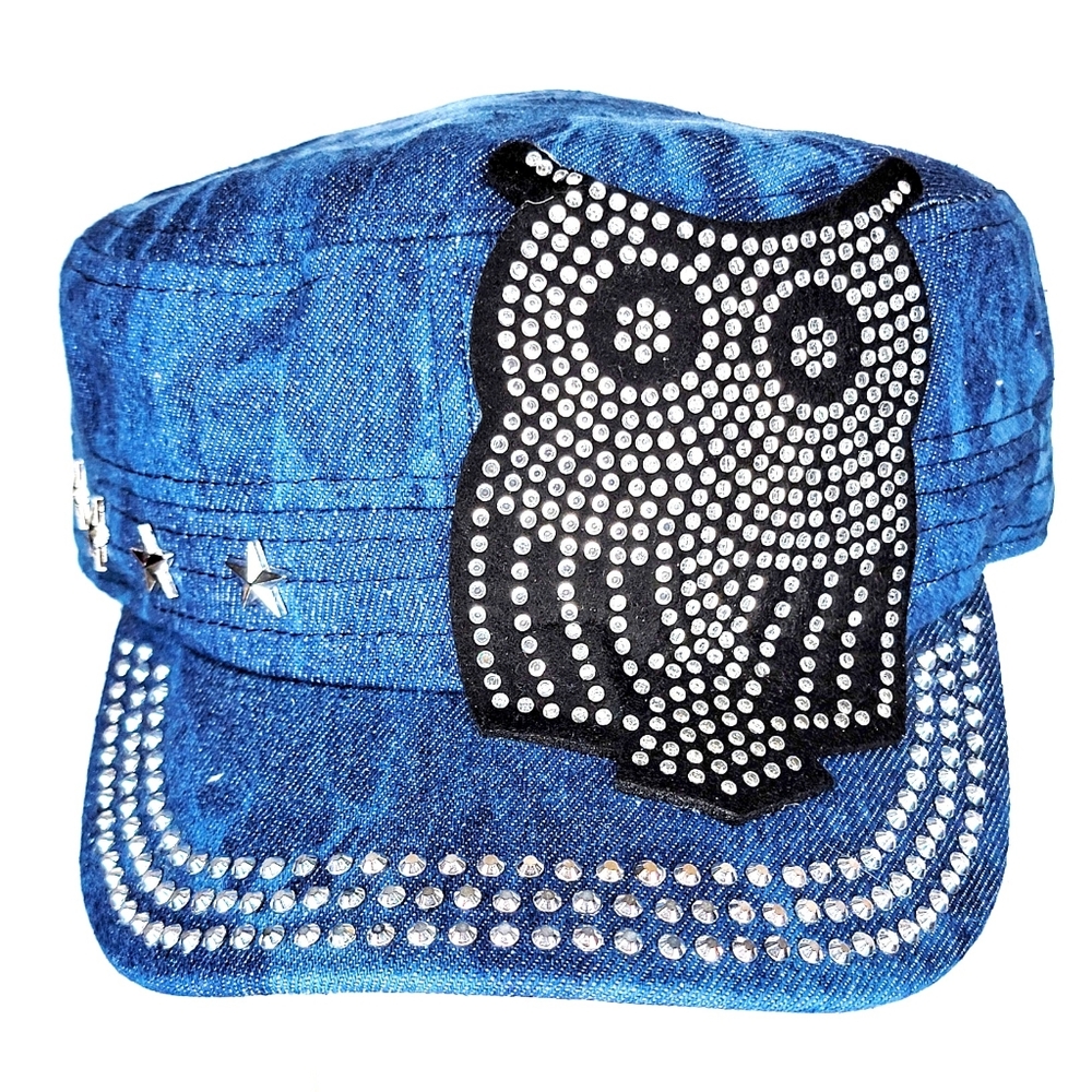 ``H25536 NWT Professional Style Rhinestone Cadet Cap - Owl - Dark Denim
